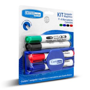 Kit Apagador Magnético + 4 Marcadores para Quadro Branco